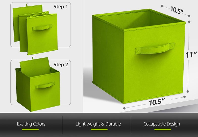 Sorbus Foldable Storage Cubes - 6 Fabric Baskets for Organizing Pantry, Closet, Shelf, Nursery, Playroom, Toy Box, Cubby - 11 Inch Dual Handle Collapsible Closet Organizers and Storage Bins (Green) - Image 3